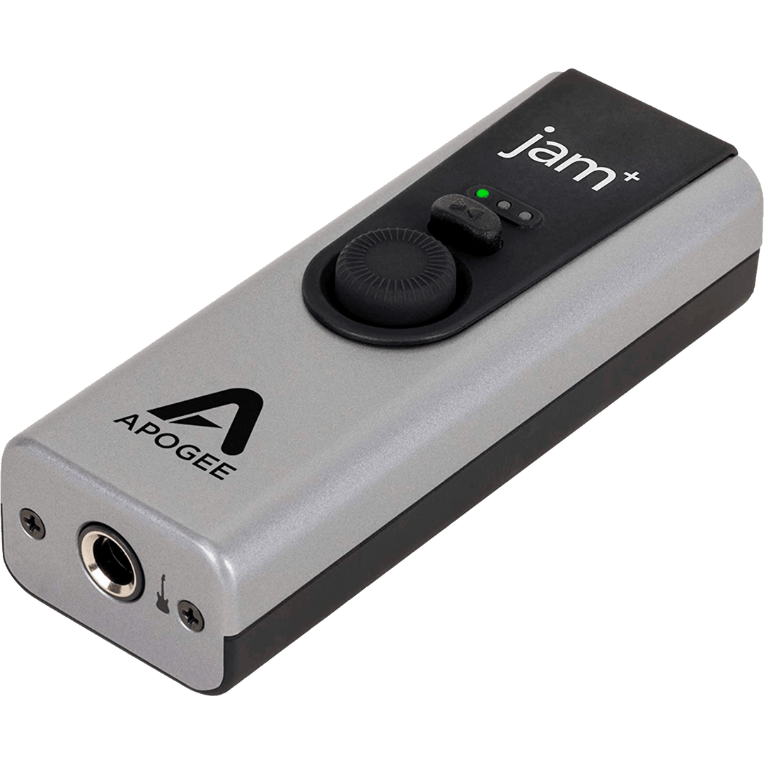 Apogee Jam + Interfaz de Audio | Apogee Jam + es una interfaz profesional, con entrada de instrumento USB y salida de auriculares. Jam + conecta su guitarra eléctrica, bajo, teclado o cualquier instrumento acústico con una pastilla directamente a su dispo