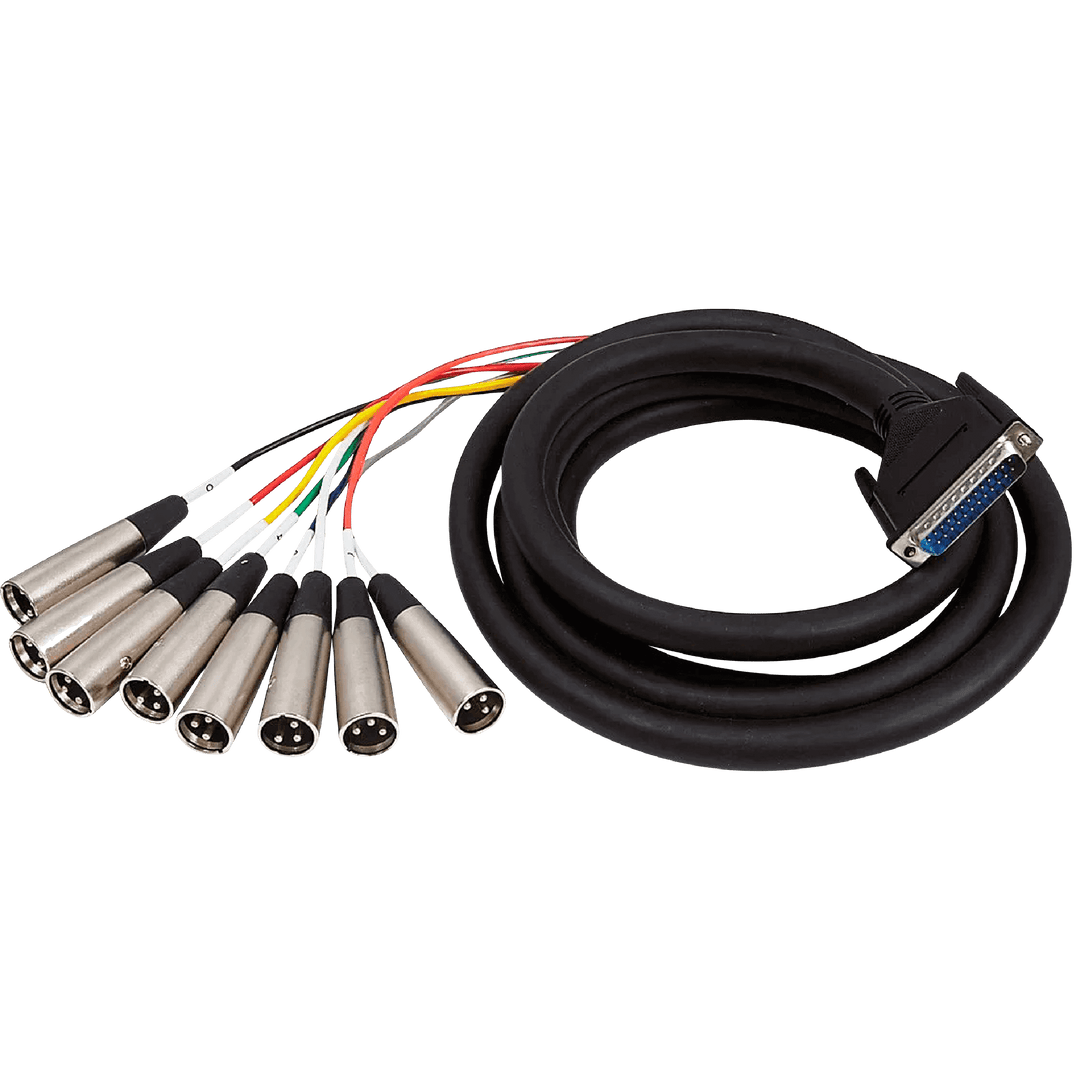 Cable Hosa DTM-803 Multipin DB25 a 8 XLR Macho | Cable Multipin DB25 a XLR macho de 3 mts. Esta serpiente está diseñada para conectar equipos con salidas DB25 a equipos con entradas XLR. Es ideal para usar con mesas de mezclas, bahías de conexión y grabad