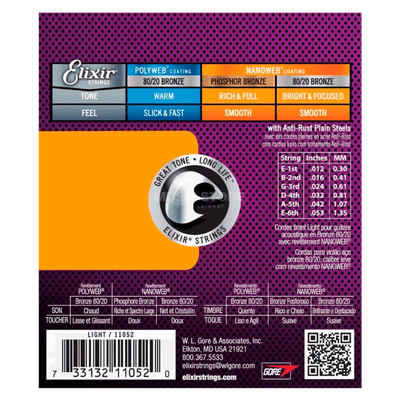 Elixir Acoustic Bronze Nanoweb Light (12-53) - $19990 - Gearhub - Elixir® Acoustic 80/20 Bronze Strings with NANOWEB Coating deliver a bright, lively tone together with extended tone life that players have come to expect from Elixir Strings. Gauges: .012 – .016 – .024 – .032 – .042 – .053.
