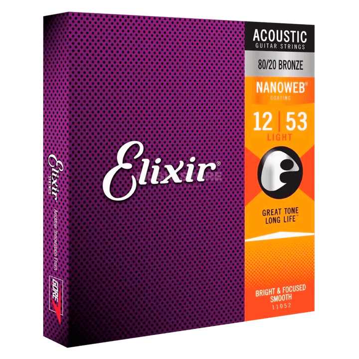 Elixir Acoustic Bronze Nanoweb Light (12-53) - Cuerdas de Guitarra Acústica | Las cuerdas de bronce Elixir® Acoustic Bronze con recubrimiento NANOWEB brindan un tono brillante y vivo junto con la vida útil prolongada que los músicos esperan de las cuerdas