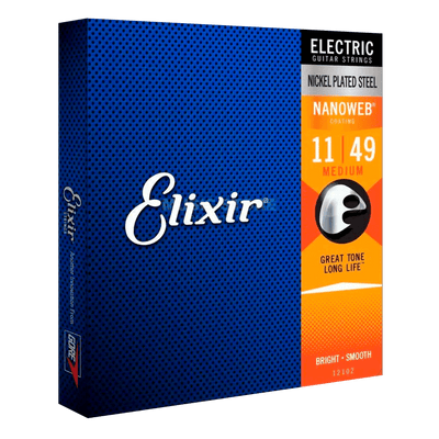 Elixir Nickel Plated Steel Nanoweb Medium (11-49) - $19990 - Gearhub - Elixir® Electric Nickel Plated Steel Strings with NANOWEB® Coating deliver the presence, punch, and personality of traditional electric guitar strings but with extended tone life. Gauges: .011 – .014 – .018 – .028 – .038 – .049.