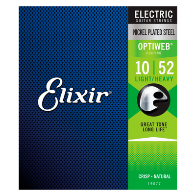 Elixir Nickel Plated Steel Optiweb Light/Heavy (10-52) - $19990 - Gearhub - Elixir® Electric Nickel Plated Steel Strings with OPTIWEB®Coating give you the performance of a natural string — that crisp tone, natural feel and playable grip you know and love without sacrificing the signature long-lasting tone life of Elixir Strings.Gauges: .010 – .013 – .017 – .032 – .042 – .052.