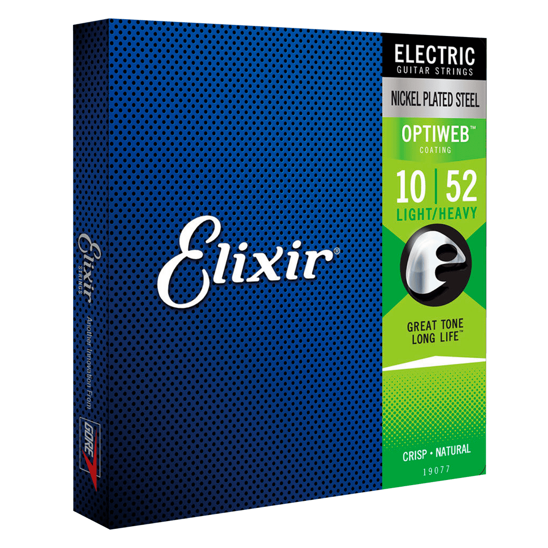 Elixir Nickel Plated Steel Optiweb Light/Heavy (10-52) - Cuerdas de Guitarra Eléctrica | Las cuerdas eléctricas de acero niquelado Elixir® con recubrimiento OPTIWEB® le brindan el rendimiento de una cuerda natural con un tono nítido, una sensación natural