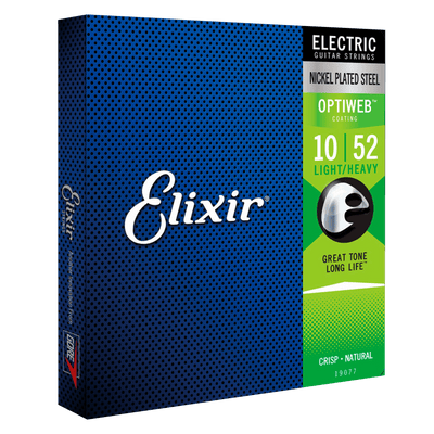 Elixir Nickel Plated Steel Optiweb Light/Heavy (10-52) - $19990 - Gearhub - Elixir® Electric Nickel Plated Steel Strings with OPTIWEB®Coating give you the performance of a natural string — that crisp tone, natural feel and playable grip you know and love without sacrificing the signature long-lasting tone life of Elixir Strings.Gauges: .010 – .013 – .017 – .032 – .042 – .052.