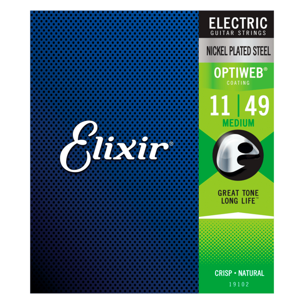 Elixir Nickel Plated Steel Optiweb Medium (11-49) - Cuerdas de Guitarra Eléctrica | Las cuerdas eléctricas de acero niquelado Elixir® con recubrimiento OPTIWEB® le brindan el rendimiento de una cuerda natural con un tono nítido, una sensación natural y un