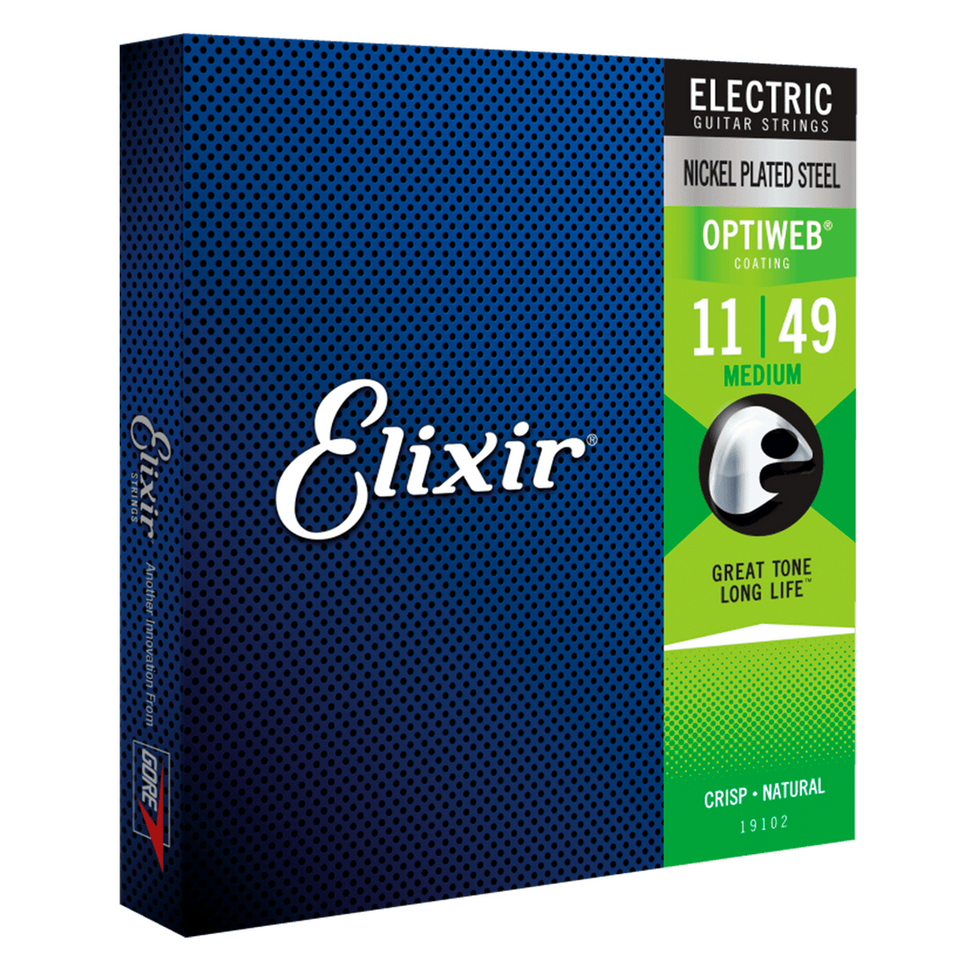 Elixir Nickel Plated Steel Optiweb Medium (11-49) - Cuerdas de Guitarra Eléctrica | Las cuerdas eléctricas de acero niquelado Elixir® con recubrimiento OPTIWEB® le brindan el rendimiento de una cuerda natural con un tono nítido, una sensación natural y un