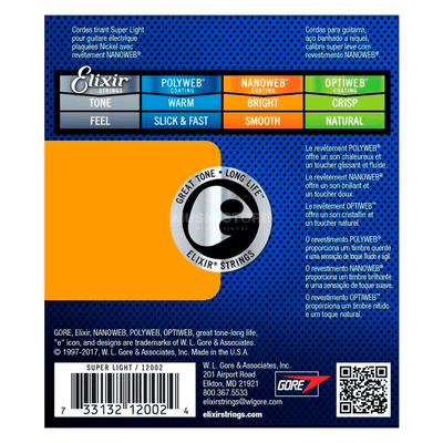 Elixir Nickel Plated Steel Nanoweb Super Light (09-42) - $19990 - Gearhub - Elixir® Electric Nickel Plated Steel Strings with NANOWEB® Coating deliver the presence, punch, and personality of traditional electric guitar strings but with extended tone life. Gauges: .009 – .011 – .016 – .024 – .032 – .042.