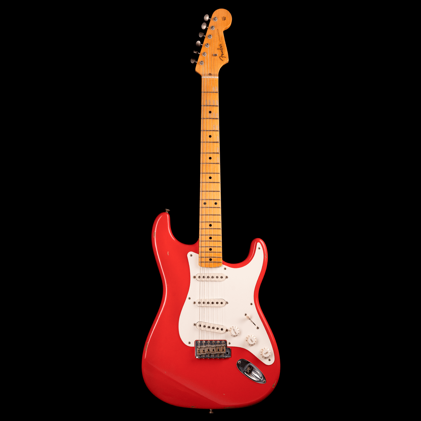 Fender Custom Shop Stratocaster Fiesta Red '56 Soft Relic 2011 - $4599990 - Gearhub - The Fender Stratocaster is probably the most iconic guitar ever produced and the Fender Custom Shop '56 Stratocaster is a fitting addition to this legendary line.The Alder body is finished in a classic Fiesta Red nitro lacquer, period correct, this finish will wear beautifully with time and develop its own character even further. It also allows the natural resonance of the body to sing and sustain much more effectively com