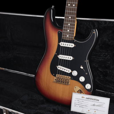 Fender Stratocaster Stevie Ray Vaughan Signature '93 - $2799990 - Gearhub - If there were a Mount Rushmore of Stratocaster Masters, Stevie Ray Vaughan would be one of the greats enshrined there. Almost single-handedly responsible for the electric blues revival of the 80s and 90s, he used his beloved Strat®, to blaze his way to the top of the charts. Only the artisans at the Custom Shop could craft this guitar that Vaughan co-designed with us before his untimely passing. It’s one of the most revered guitars