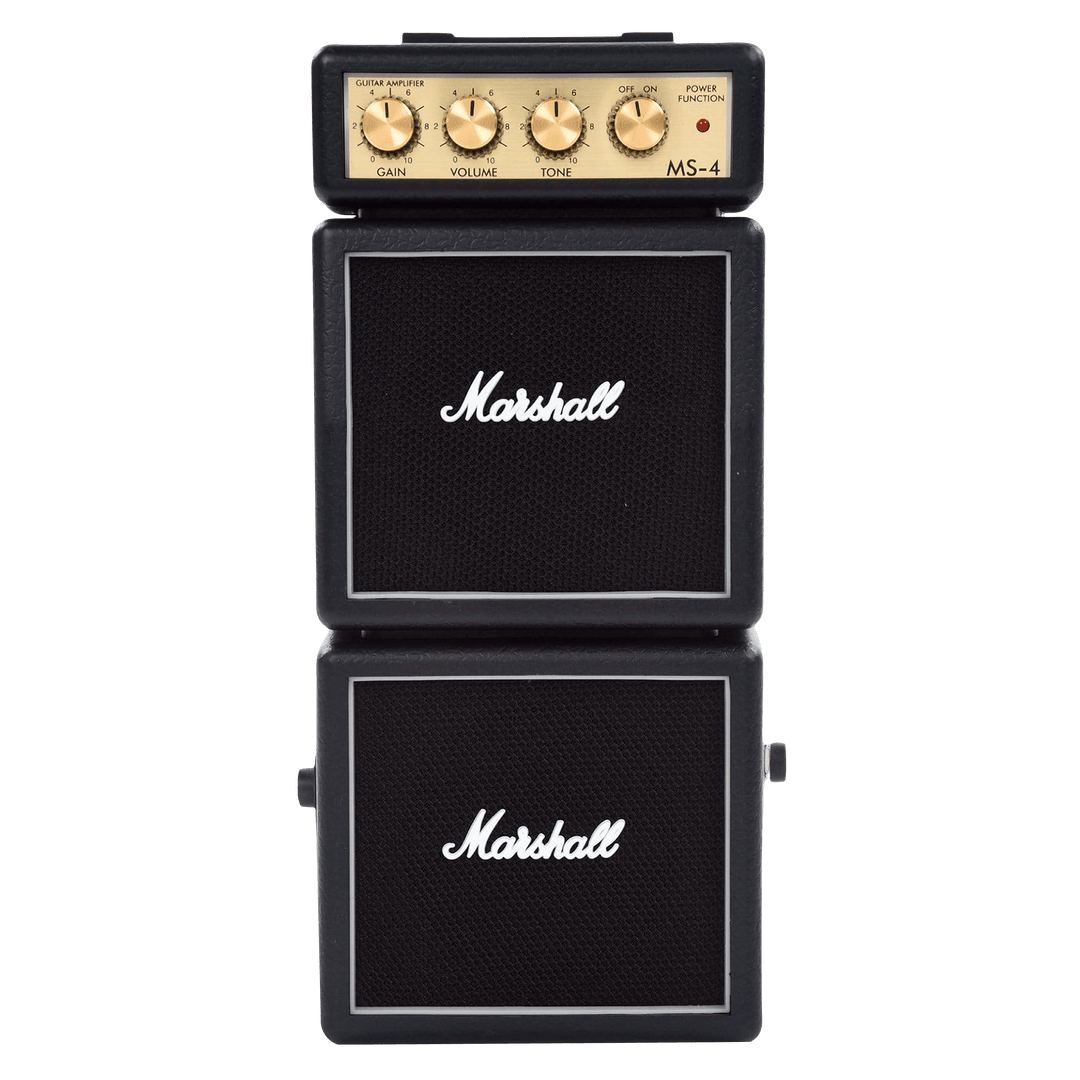 Marshall MS-4 - Miniamplificador de Guitarra | El MS-4TM es un micro stack de 2 W que es lo último en micro rock n' roll. Tiene controles de ganancia y volumen para brindar esa distorsión adicional. Funciona con batería y se puede enchufar a la red eléctr