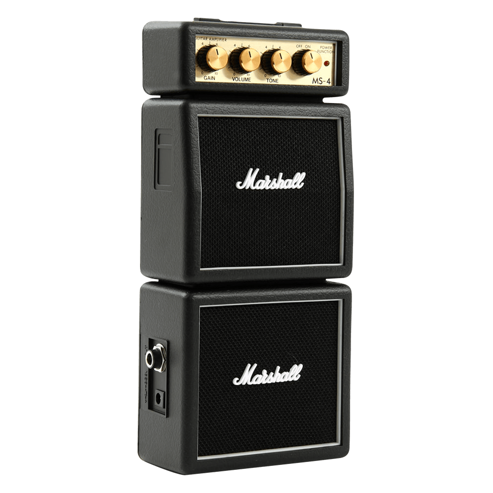 Marshall MS-4 - Miniamplificador de Guitarra | El MS-4TM es un micro stack de 2 W que es lo último en micro rock n' roll. Tiene controles de ganancia y volumen para brindar esa distorsión adicional. Funciona con batería y se puede enchufar a la red eléctr