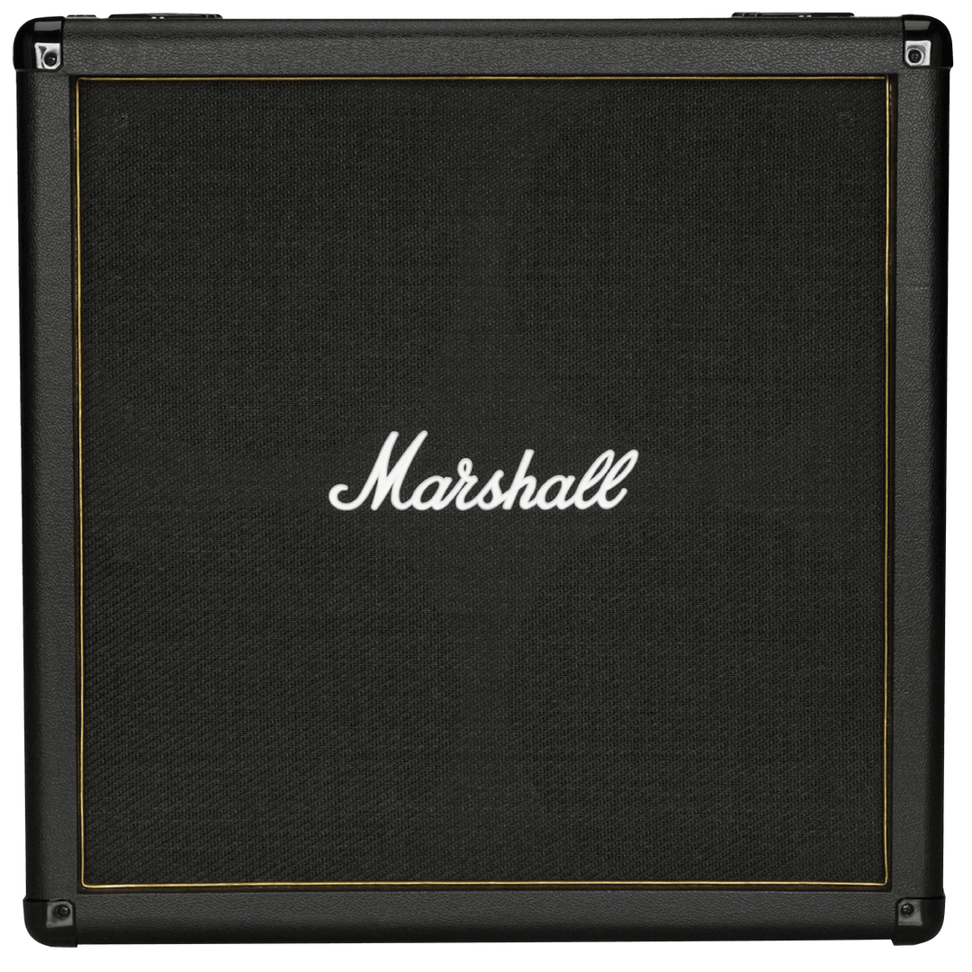 Marshall MG412B Gold - Gabinete de Guitarra Eléctrica | No pasa desapercibido el estilo y elegancia de la serie MG412B de 120W. Son gabinetes de 4x12” terminados con hermosos ribetes dorados. Están equipados con altavoces Celestion G12-412MG personalizado