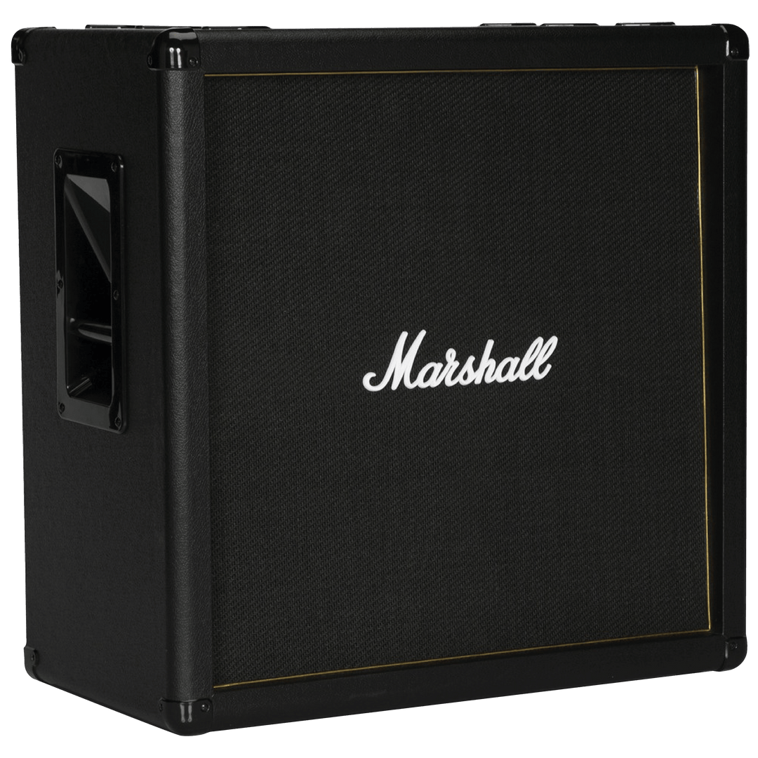 Marshall MG412B Gold - Gabinete de Guitarra Eléctrica | No pasa desapercibido el estilo y elegancia de la serie MG412B de 120W. Son gabinetes de 4x12” terminados con hermosos ribetes dorados. Están equipados con altavoces Celestion G12-412MG personalizado