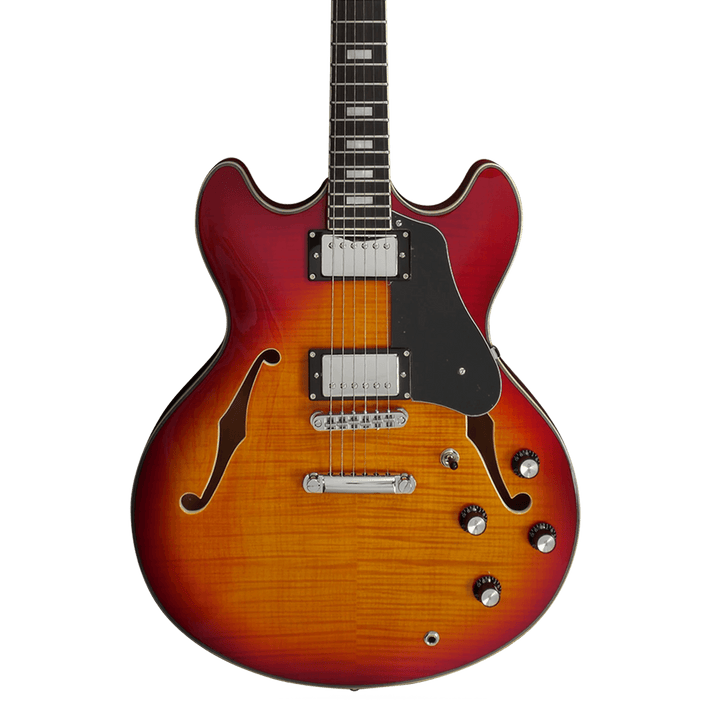Sire H7 Cherry Burst - Guitarra Eléctrica | La Guitarra Sire H7 fue diseñada según las especificaciones y preferencias exactas de su homónimo. Esta excelente guitarra eléctrica semi-hollow está repleta de componentes de alta calidad. Su cuerpo de arce lam
