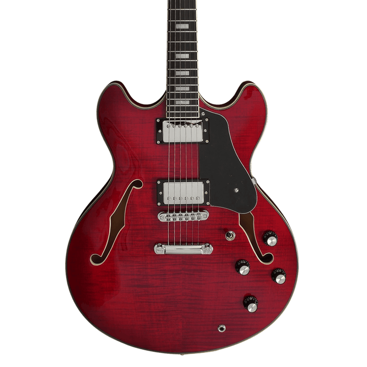 Sire H7 See Through Red - Guitarra Eléctrica | La Guitarra Sire H7 fue diseñada según las especificaciones y preferencias exactas de su homónimo. Esta excelente guitarra eléctrica semi-hollow está repleta de componentes de alta calidad. Su cuerpo de arce