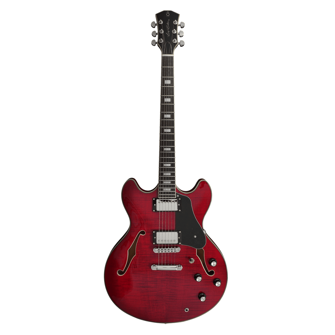 Sire H7 See Through Red - Guitarra Eléctrica | La Guitarra Sire H7 fue diseñada según las especificaciones y preferencias exactas de su homónimo. Esta excelente guitarra eléctrica semi-hollow está repleta de componentes de alta calidad. Su cuerpo de arce