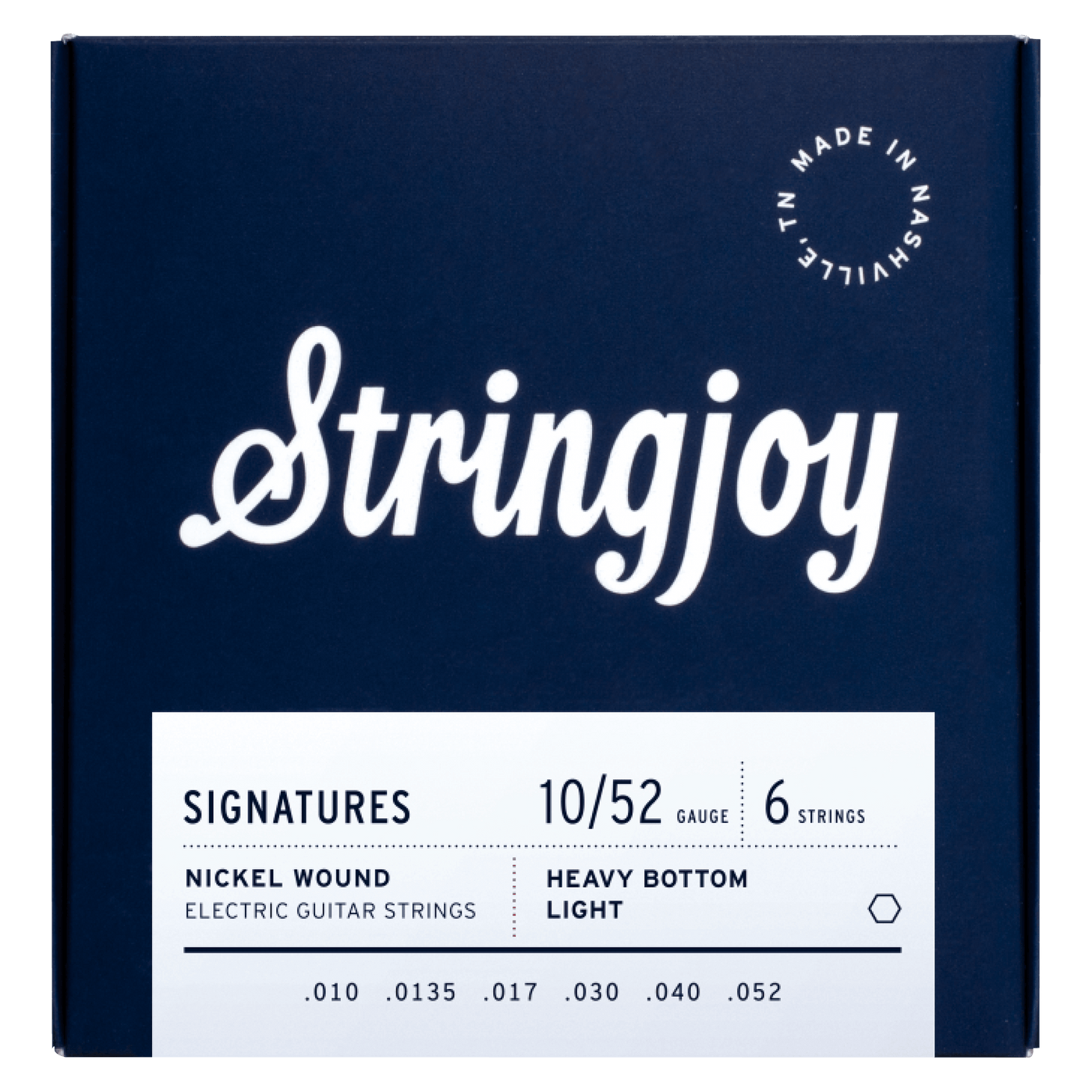 Stringjoy - L. Top H. Botton (10-52) - $19990 - Gearhub - Ah, so you like a set of strings that packs a punch, do ya? You like to pick heavy on the bottom but still want to be able to bend up top? Well then, our Heavy Bottom 10s are just the strings for you.This set addresses the two tension issues that arise in typical 10-52 sets: the 2nd string is too light, and the 5th string is too heavy. We fix the top end by subbing in a .0135 for the typical .013, bringing perfect balance to all the plain strings. Th