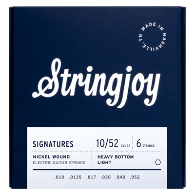 Stringjoy - L. Top H. Botton (10-52) - $19990 - Gearhub - Ah, so you like a set of strings that packs a punch, do ya? You like to pick heavy on the bottom but still want to be able to bend up top? Well then, our Heavy Bottom 10s are just the strings for you.This set addresses the two tension issues that arise in typical 10-52 sets: the 2nd string is too light, and the 5th string is too heavy. We fix the top end by subbing in a .0135 for the typical .013, bringing perfect balance to all the plain strings. Th