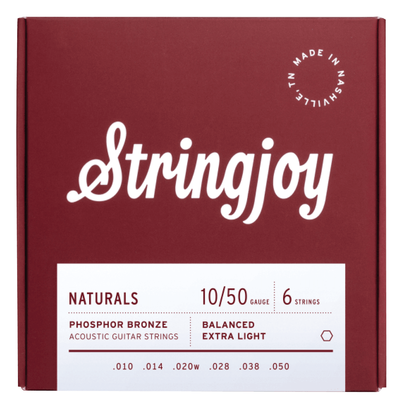 Stringjoy - Naturals Extra Light (10-50) - $19990 - Gearhub - Our Extra Light Naturals are the perfect set for the players that want a fantastic sounding string without having to feel like they’re pressing down on bridge cables in order to play a chord, which I’m pretty sure we can all agree doesn’t sound like fun.Naturals are our take on Phosphor Bronze, which is great at bringing out the the authentic, woody characteristics of an acoustic guitar. It’s this rich copper alloy that gives these strings a dist