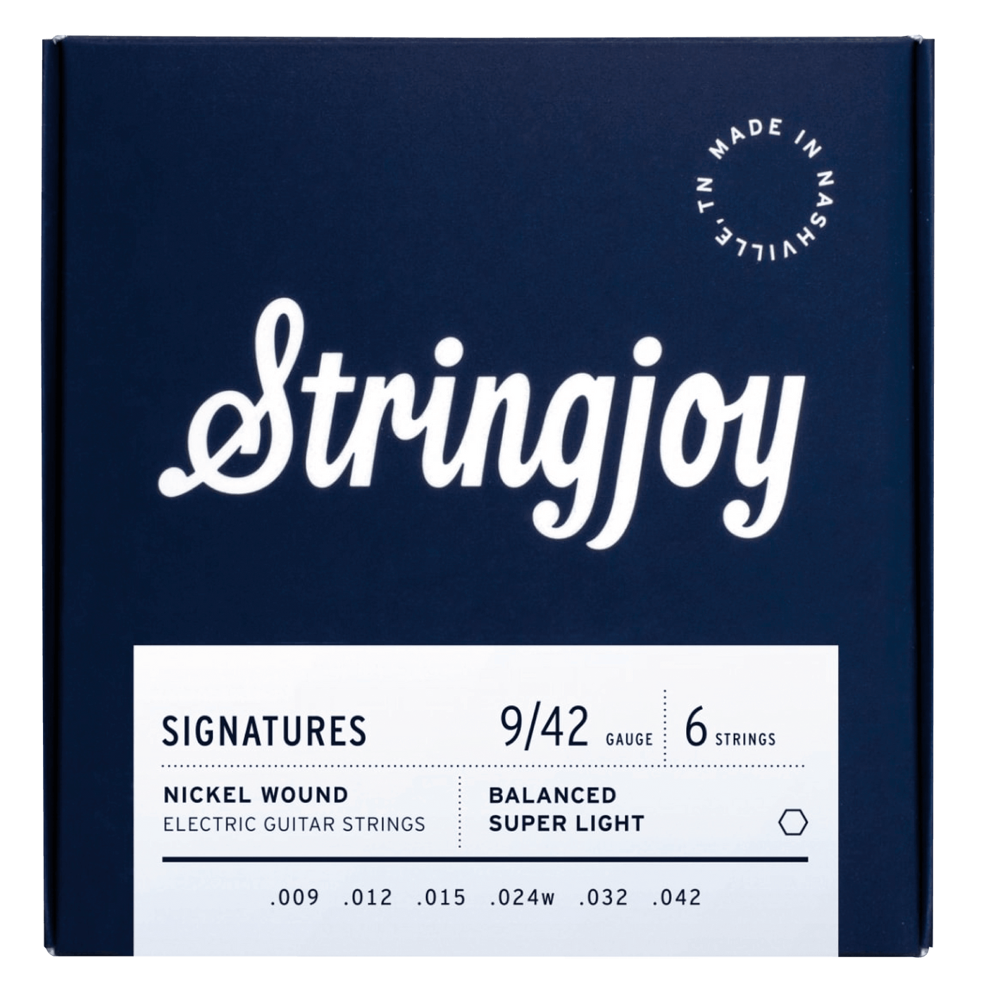 Stringjoy - Super Light (9-42) - $19990 - Gearhub - So these might look like a typical set of 9s (or Super Lights, or Extra Lights—everyone seems to call ‘em something different…), but trust me, they’re not. The standard for 9s is typically 9-11-16-24-32-42, and while the gauges on the bottom end are solid, the top is all kinds of messed up. Why some other companies make them that way, I honestly couldn’t tell you—but never fear! We’ve fixed all that for you.See, the issue on most sets is that the .011 has