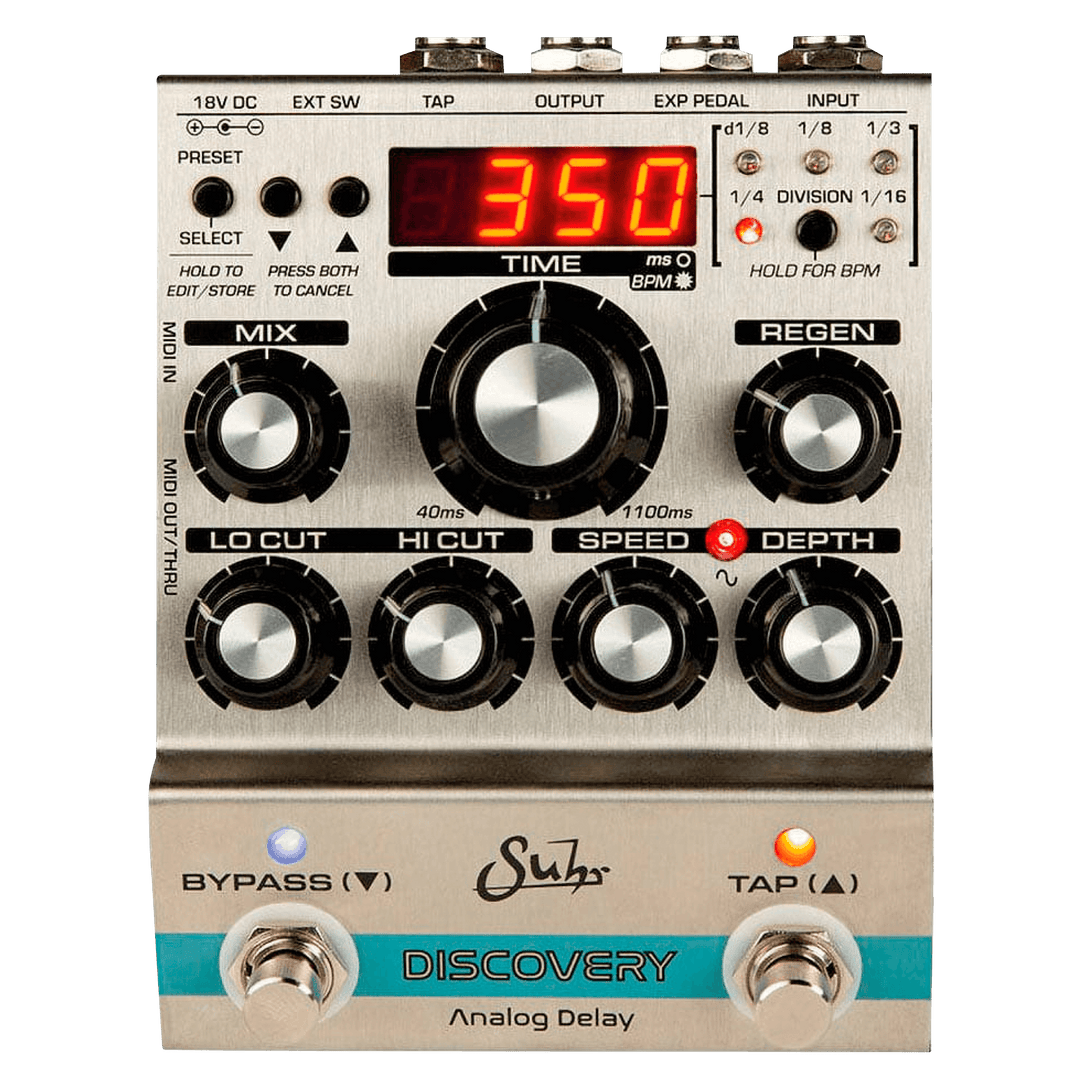 Suhr Discovery Analog Delay - Pedal de Guitarra | La misión de Suhr ha sido llevar la simplicidad y el tono de los circuitos analógicos a los guitarristas de hoy. El Suhr Discovery Analog Delay es el nuevo pedal revolucionario, diseñado por Kevin Suhr. Di