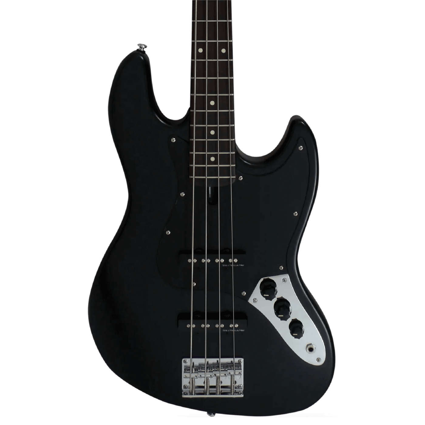 Sire V3P Black Satin - Cuerpo • Modelo: V• Madera: Mahogany / Caoba• Terminación: Poliuretano Brazo • Madera: Canadian Hard Maple / Arce• Perfil: “C”• Terminación: Satin • Espaciado: 19mm• Escala: 34” • Nuez: Hueso Diapasón • Madera: Rosewood / Palo de Ro