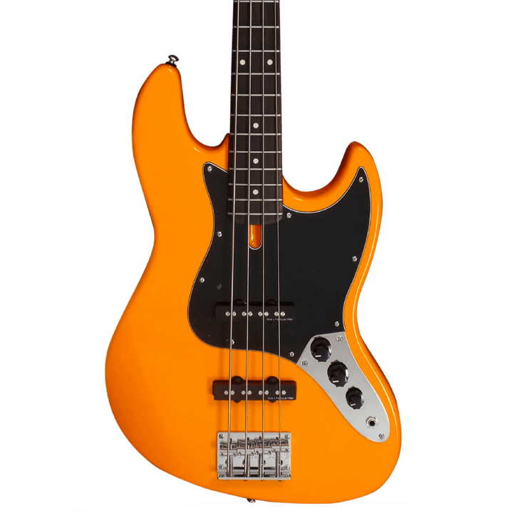 Sire V3P Orange - Bajo Eléctrico | Cuerpo • Modelo: V• Madera: Mahogany / Caoba• Terminación: Poliuretano Brazo • Madera: Canadian Hard Maple / Arce• Perfil: “C”• Terminación: Satin • Espaciado: 19mm• Escala: 34” • Nuez: Hueso Diapasón • Madera: Rosewood