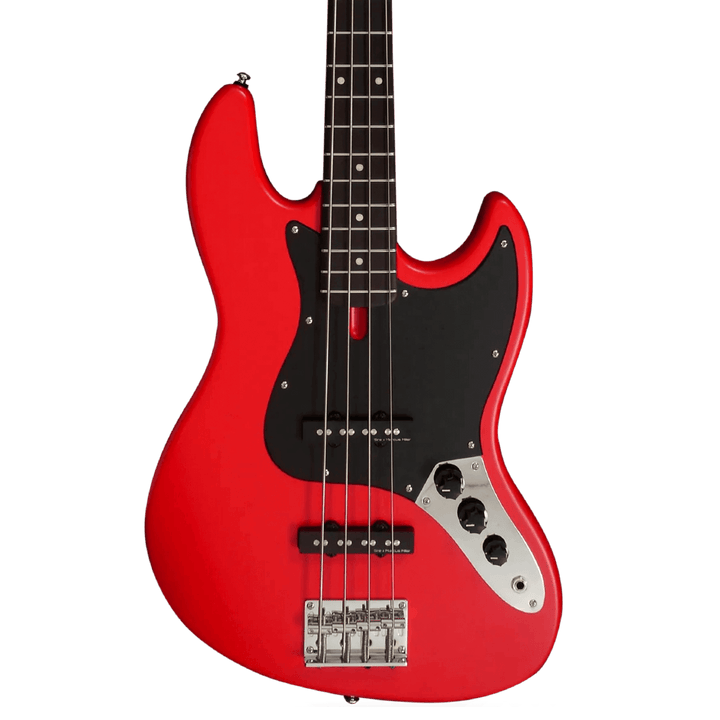 Sire V3P Red Satin - Bajo Eléctrico | Cuerpo • Modelo: V• Madera: Mahogany / Caoba• Terminación: Poliuretano Brazo • Madera: Canadian Hard Maple / Arce• Perfil: “C”• Terminación: Satin • Espaciado: 19mm• Escala: 34” • Nuez: Hueso Diapasón • Madera: Rosewo