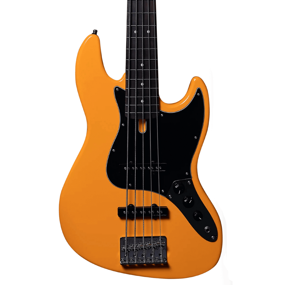 Sire V3P-5 Orange - Bajo Eléctrico | Cuerpo • Modelo: V• Madera: Mahogany / Caoba• Terminación: Poliuretano Brazo • Madera: Canadian Hard Maple / Arce• Perfil: “C”• Terminación: Satin • Espaciado: 18mm• Escala: 34” • Nuez: Hueso Diapasón • Madera: Rosewoo