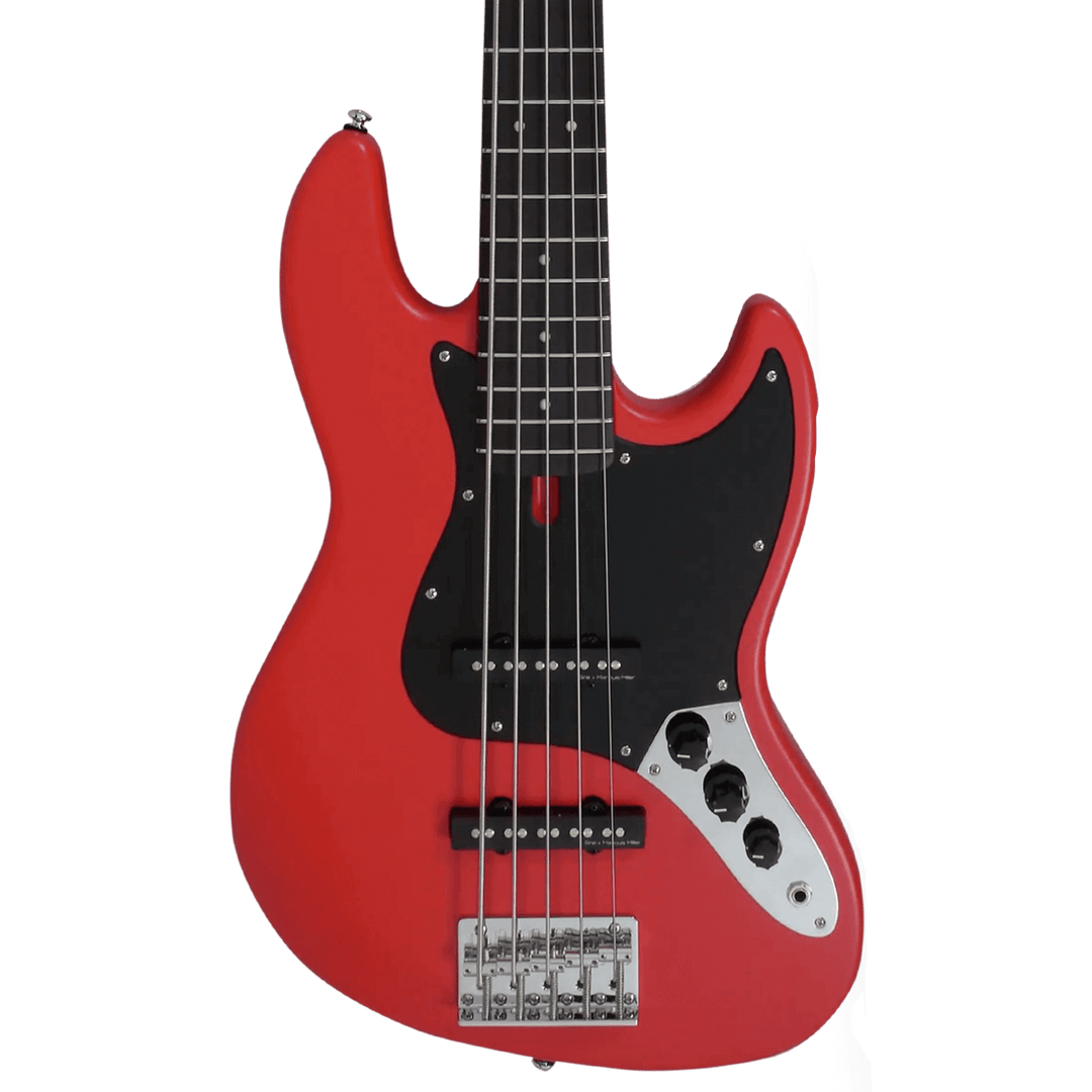 Sire V3P-5 Red Satin - Bajo Eléctrico | Cuerpo • Modelo: V• Madera: Mahogany / Caoba• Terminación: Poliuretano Brazo • Madera: Canadian Hard Maple / Arce• Perfil: “C”• Terminación: Satin • Espaciado: 18mm• Escala: 34” • Nuez: Hueso Diapasón • Madera: Rose