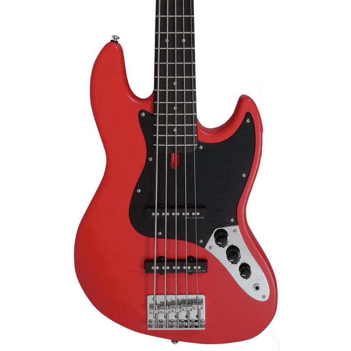 Sire V3P-5 Red Satin - Bajo Eléctrico | Cuerpo • Modelo: V• Madera: Mahogany / Caoba• Terminación: Poliuretano Brazo • Madera: Canadian Hard Maple / Arce• Perfil: “C”• Terminación: Satin • Espaciado: 18mm• Escala: 34” • Nuez: Hueso Diapasón • Madera: Rose