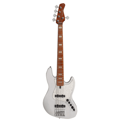 Sire V8-5 White Blonde - Cuerpo • Modelo: V• Madera: Swamp Ash / Fresno de Pantano• Terminación: Polyurethane Brazo • Madera: Roasted Hard Maple• Perfil: “C”• Terminación: Satin • Espaciado: 18 mm• Escala: 34” • Nuez: Hueso Diapasón • Madera: Maple / Arce
