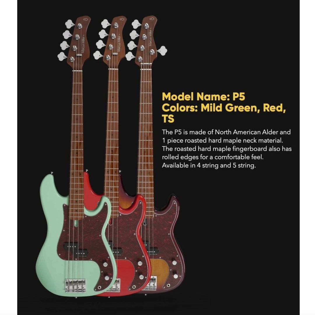 Sire P5 Tobacco Sunburst - Bajo Eléctrico | Cuerpo • Modelo: P5• Madera: Alder• Terminación: Polyurethane Brazo • Madera: Roasted Hard Maple• Perfil: “C”• Terminación: Satin • Espaciado: 18mm• Escala: 34” • Nuez: Hueso Diapasón • Madera: Roasted Hard Mapl