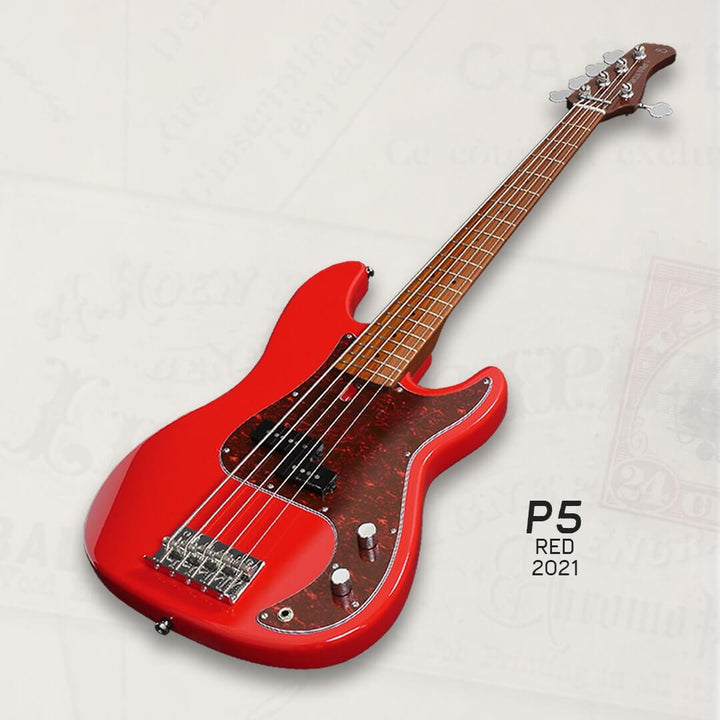 Sire P5-5 Dakota Red - Bajo Eléctrico | Cuerpo • Modelo: P5• Madera: Alder• Terminación: Polyurethane Brazo • Madera: Roasted Hard Maple• Perfil: “C”• Terminación: Satin • Espaciado: 18mm• Escala: 34” • Nuez: Hueso Diapasón • Madera: Roasted Hard Maple /