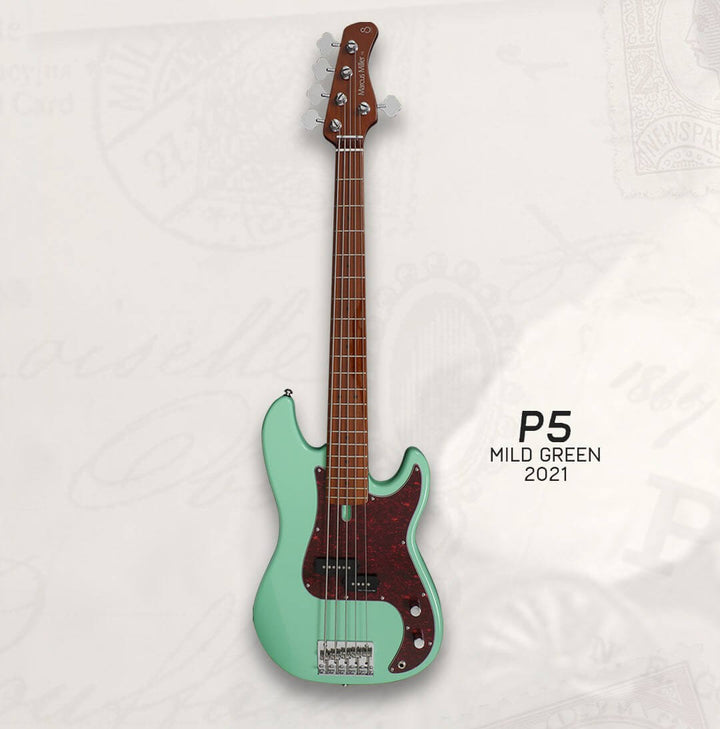 Sire P5-5 Mild Green - Bajo Eléctrico | Cuerpo • Modelo: P5• Madera: Alder• Terminación: Polyurethane Brazo • Madera: Roasted Hard Maple• Perfil: “C”• Terminación: Satin • Espaciado: 18mm• Escala: 34” • Nuez: Hueso Diapasón • Madera: Roasted Hard Maple /